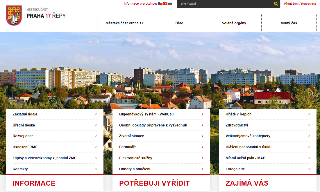 Náhled původního řešení menu na webu Praha 17 - Řepy