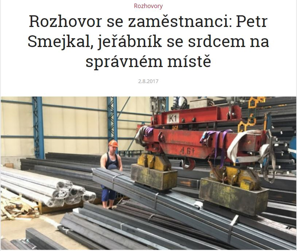 Titulek článku rozhovoru s Petrem Smejkalem pro náborovou kampaň jeřábníka.